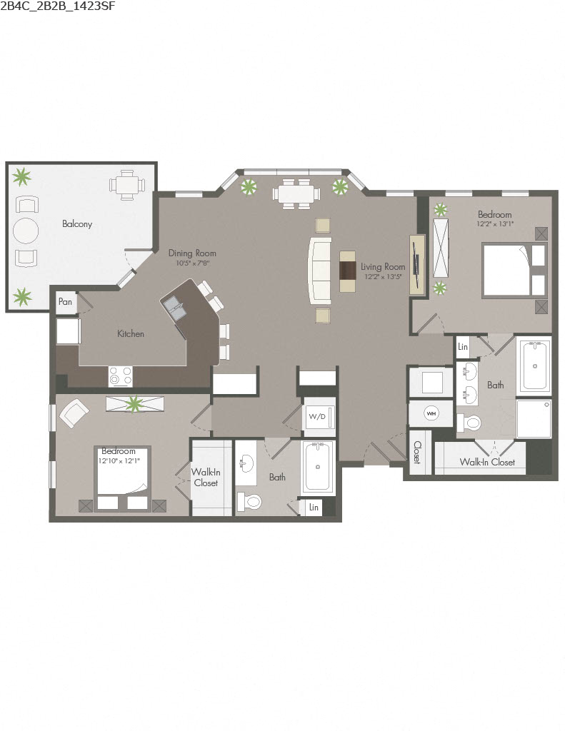 Floor plan for 2 beds, 2 baths, 1423 sqft